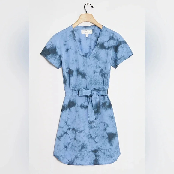 Anthropologie Cloth & Stone Liv Tie-Front Mini Dress tie dye tencel lyocell blue - Picture 1 of 12